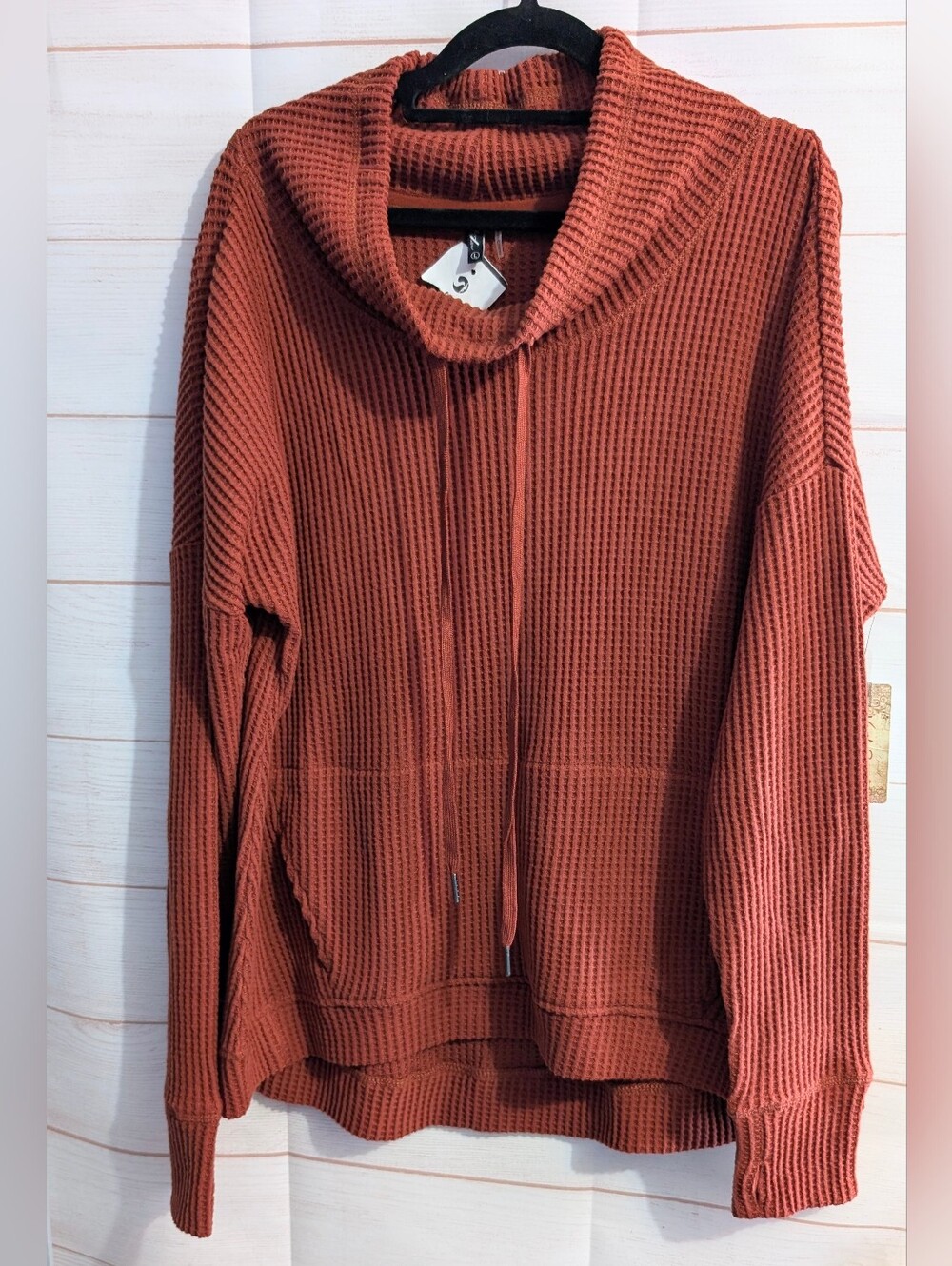 🆕 North River Outfitters Rust cozy Waffle Knit Hooded Cowl Neck Pullover Size L